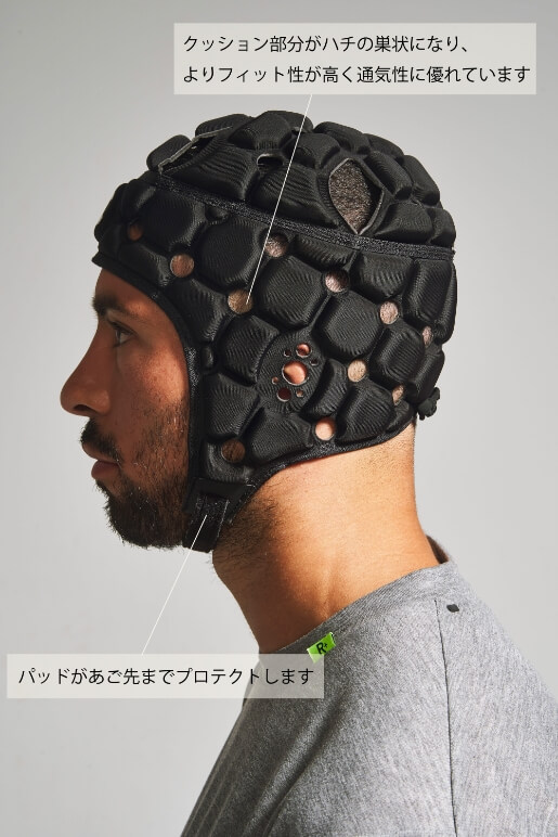 クッション部分がハチの巣状になり、よりフィット性が高く通気性に優れています　パッドがあご先までプロテクトします