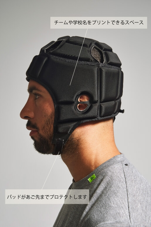 チームや学校名をプリントできるスペース パッドがあご先までプロテクトします。